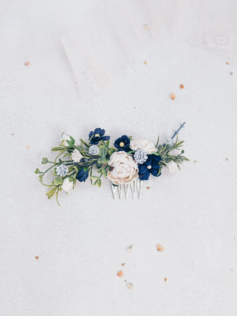 Bridal hair comb with dark blue and white flowers, Boho wedding headpiece. Bridesmaid hair flowers,hair accessory, dusty blue,navy image 1