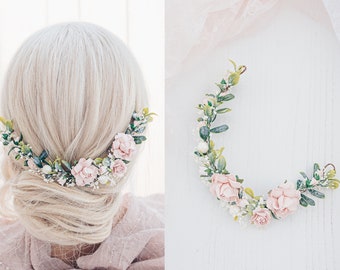 Bridal Hair Vine with Flowers, dried Baby's Breath,green leaves, white pearls, Wedding Headpiece Vintage Inspired Hair piece Blush Pink