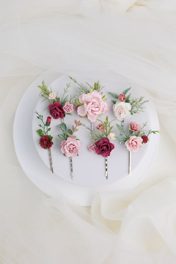 Floral Hair Pins Set - Burgundy, Dusty Rose, Pink, White 2-5 Days to USA Set of Bobby Pins Burgundy Dusty Rose Blush  main image 4