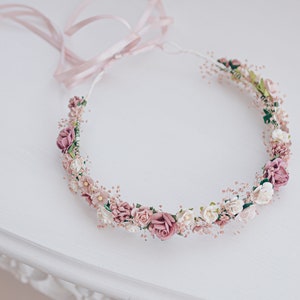 Corona di fiori Respiro del bambino, copricapo da sposa, ghirlanda di capelli, corona di fata, accessori per capelli da sposa Fascia in rosa polveroso, malva, rosa, cipria immagine 5