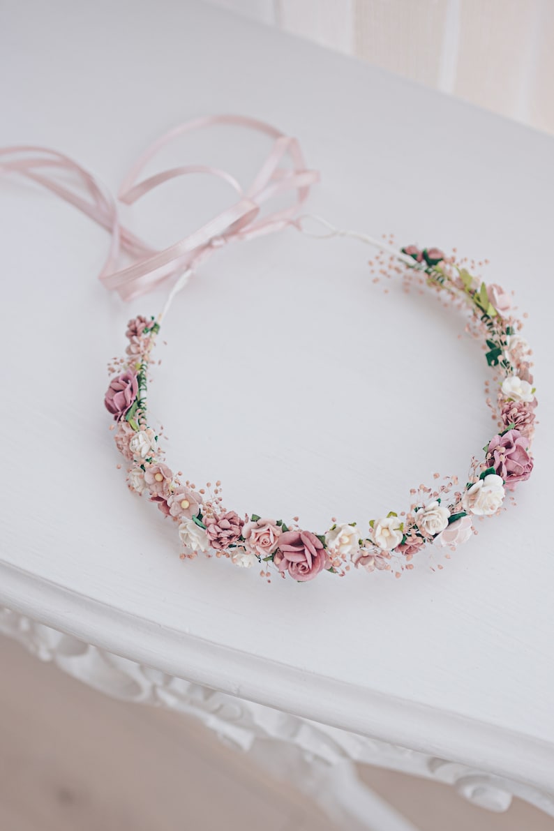 Flower Crown Baby's Breath, Bridal headpiece, Hair Wreath, Fairy Crown,Wedding Hair Accessories Headband in dusty pink, mauve, rose, blush zdjęcie 5