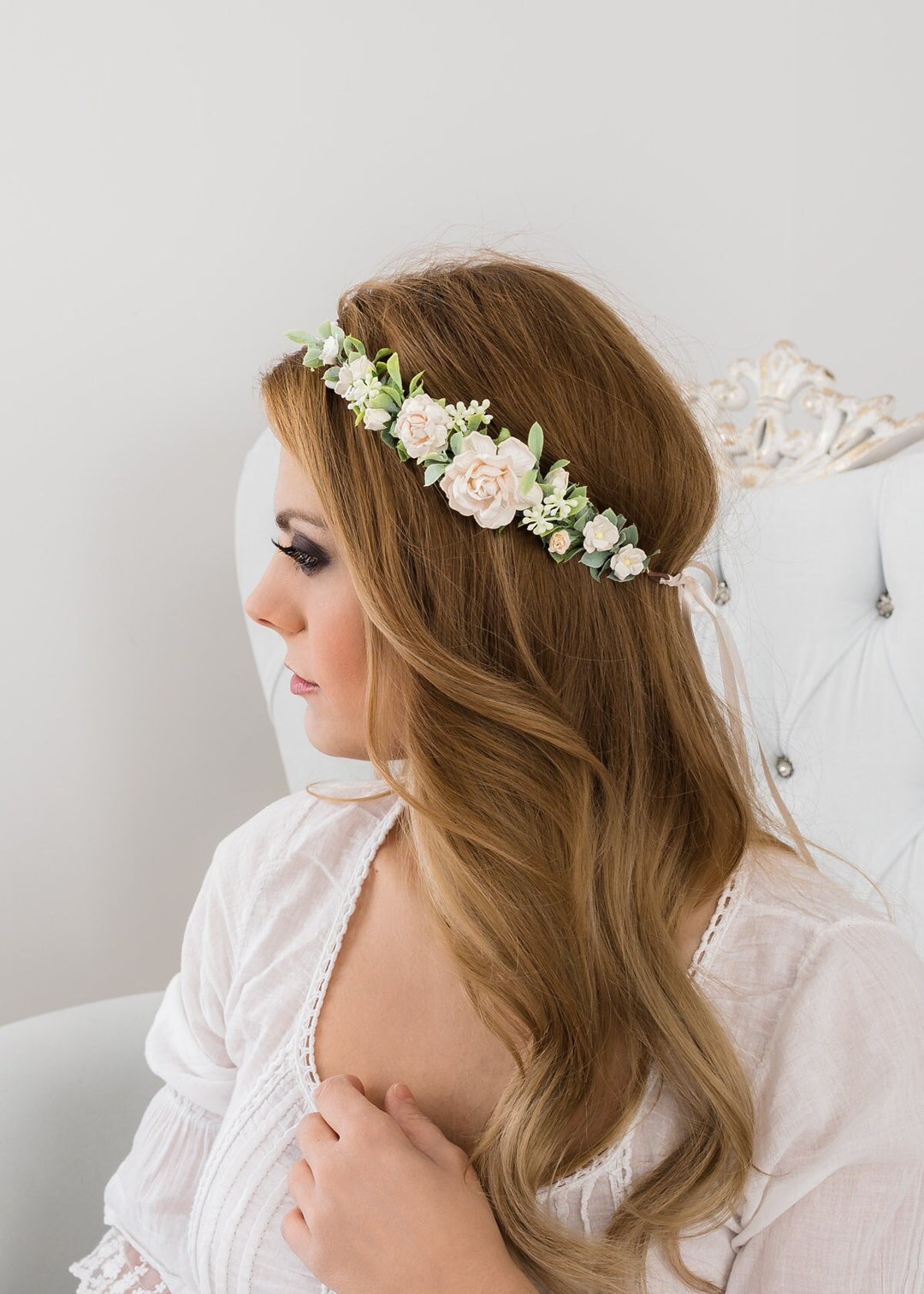 Corona di fiori da sposa champagne e avorio. Copricapo da sposa Boho Rustic  Hair Wreath con rose e foglie di eucalipto -  Italia