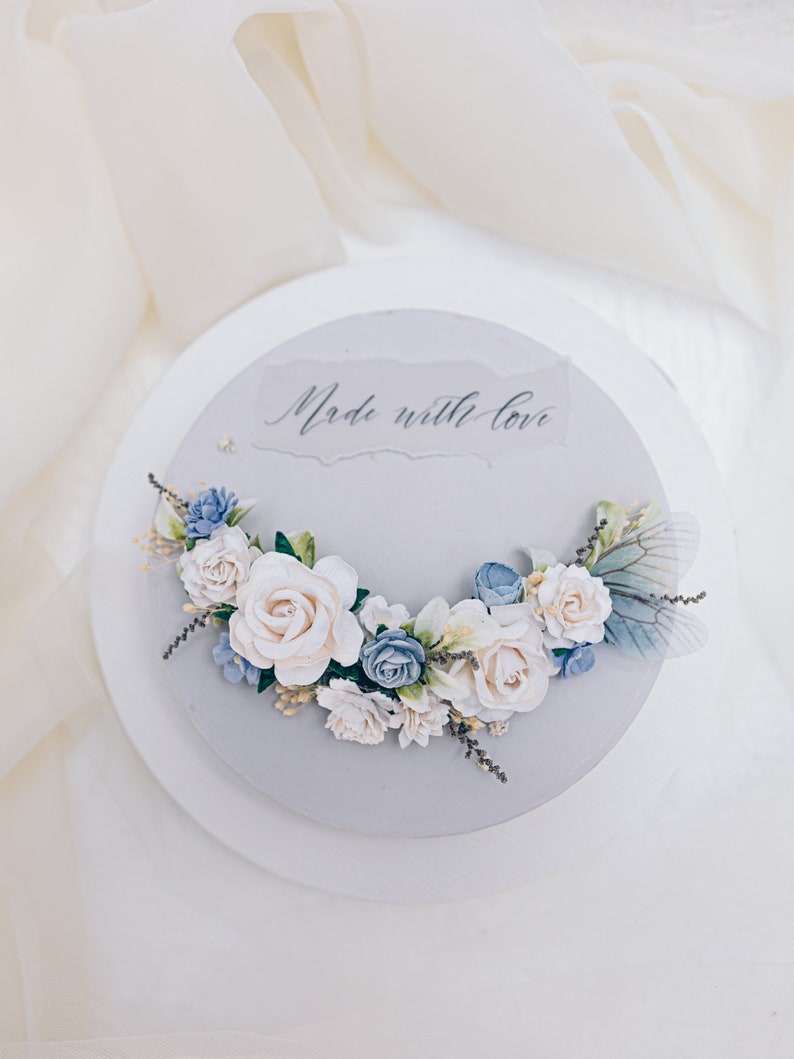 Blue bridal headpiece, hair comb, bobby pins or boutonniere. Roses, butterfly, eucalyptus and dried gypsophila. Boho wedding accessories Hair vine
