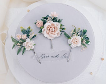 Bruids haarspelden in peachy blush roze, bruiloft hoofddeksel, bloemen haarspelden, haarspelden met bloemen, gedroogde gypsophila, eucalyptus, gebladerte