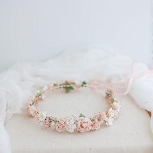 Dried flower crown with baby's breath and dusty rose flowers. Bridal headpiece, flower hair wreath, fairy crown, blush pink wedding headband image 5