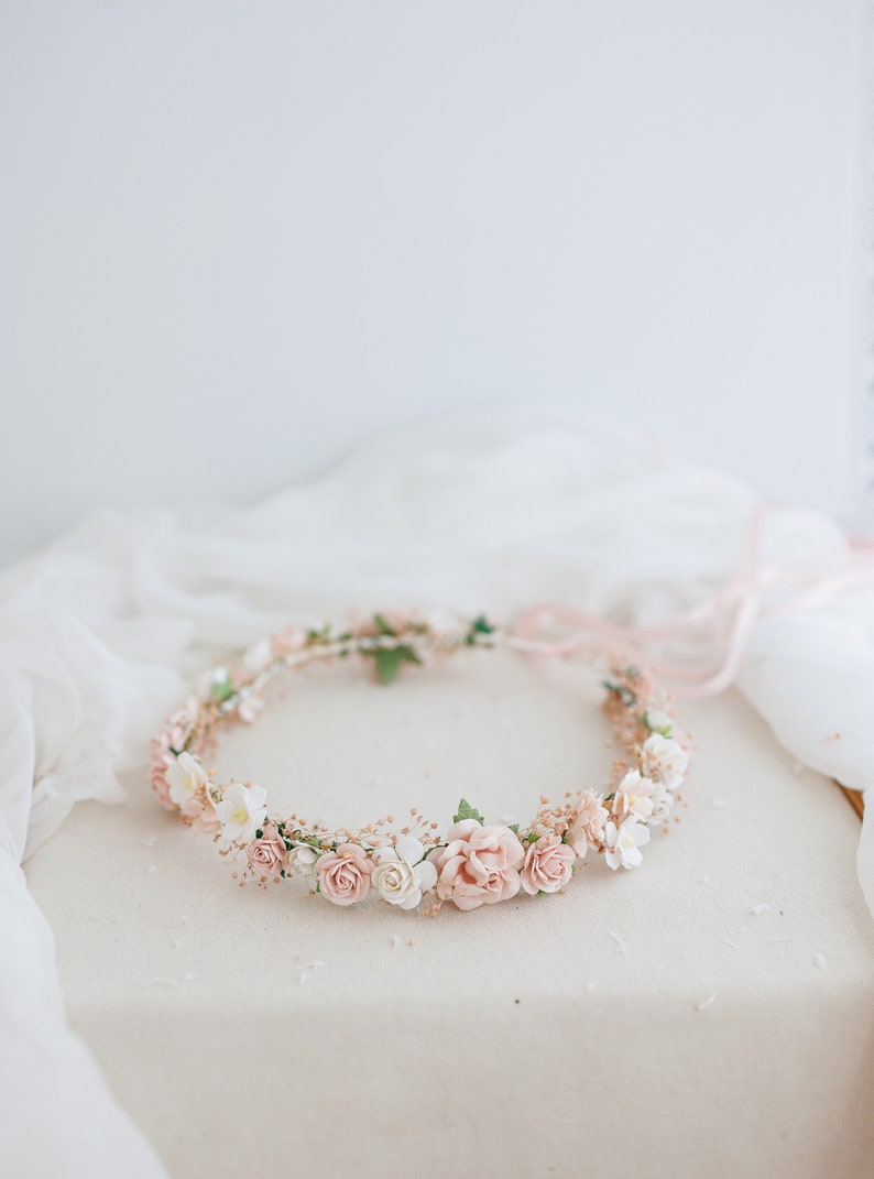 Dried flower crown with baby's breath and dusty rose flowers. Bridal headpiece, flower hair wreath, fairy crown, blush pink wedding headband image 5