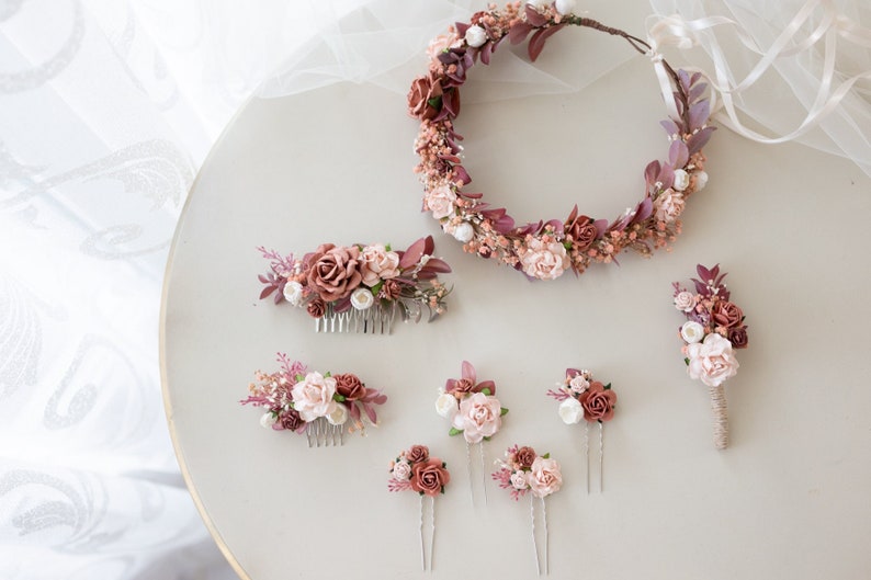 Braut Blumenkranz, Haarkamm, Spangen oder Boutonniere mit Rosen und Eukalyptus. Boho Rustik Hippie Hochzeit Accessoires Bild 1