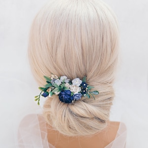 Peigne de mariée avec fleurs bleu foncé et blanches, coiffe de mariage bohème. Fleurs pour cheveux de demoiselle d'honneur, accessoire pour cheveux, bleu marine, bleu marine image 8