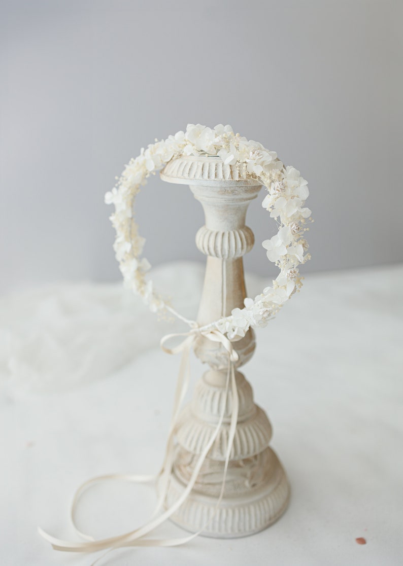 Couronne de fleurs séchées avec gypsophile et hortensia ivoire. Coiffe de mariée, couronne de cheveux de fleurs, couronne de fée fleurs stabilisées image 5