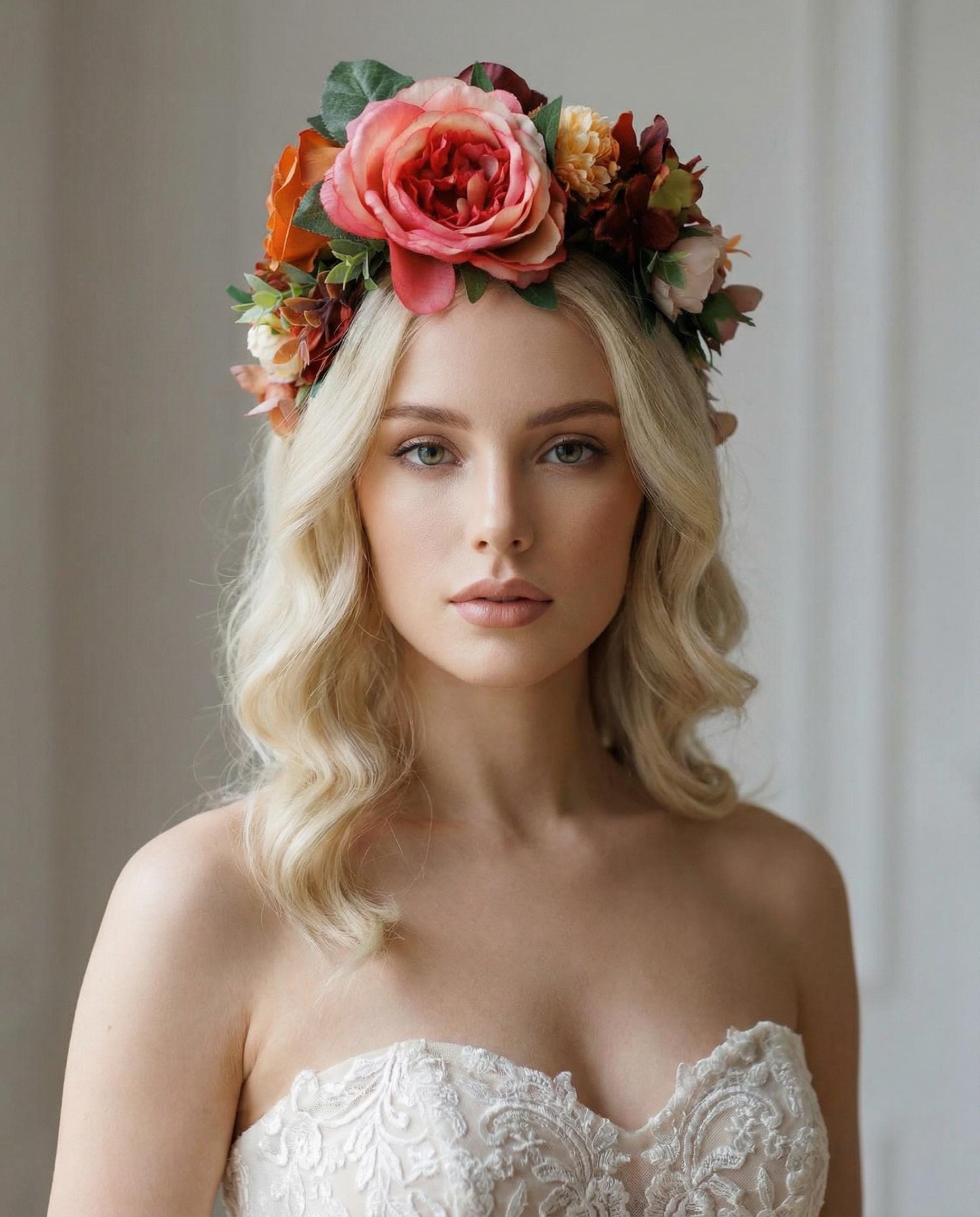 Frida Kahlo Inspired Silk Flower Headband. Pink - Orange