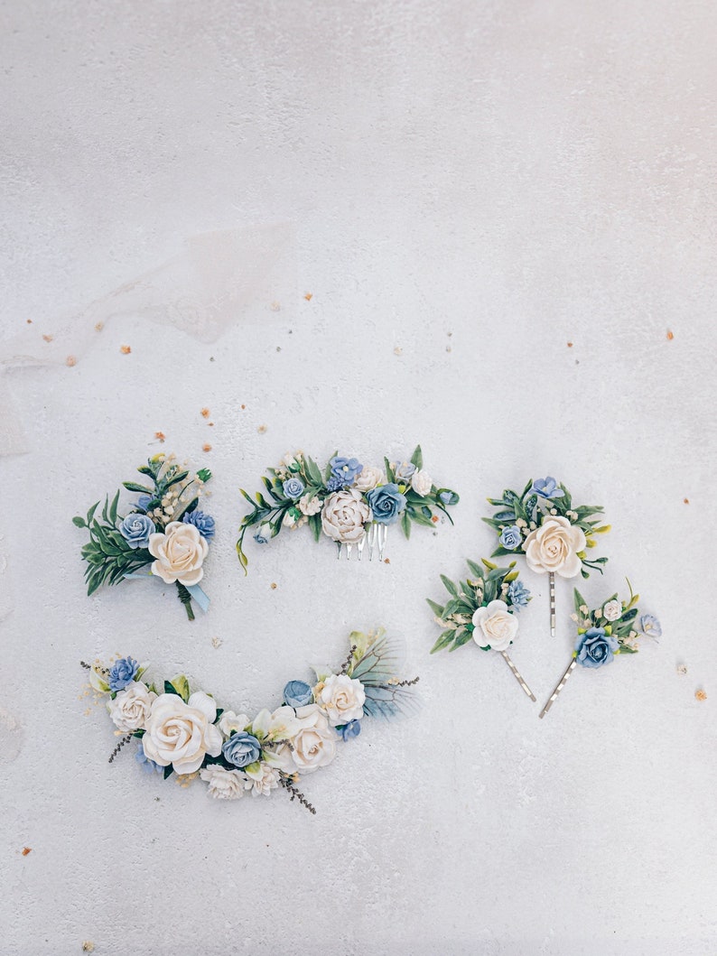 Blue bridal headpiece, hair comb, bobby pins or boutonniere. Roses, butterfly, eucalyptus and dried gypsophila. Boho wedding accessories image 2