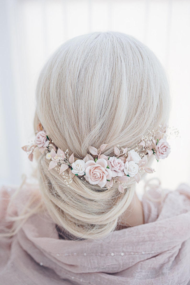 Bridal Hair Vine with blush roses, dried baby's breath,ruskus leaves. Boho Rustic wedding Headpiece pink and Ivory. Vintage inspired crown image 5