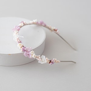 Dusty Lilac flower headband with dried flowers, hydrangea & baby&#39;s breath. Romantic bridal headpiece. Flower girl headband. Meadow headpiece