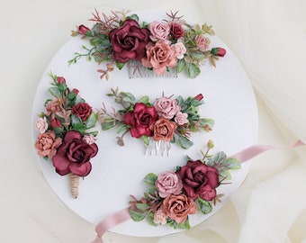 Burgundy and dusty pink wedding accessories. Hair comb, boutonniere, corsage, hair pins and flower crown with red and pink roses, eucalyptus