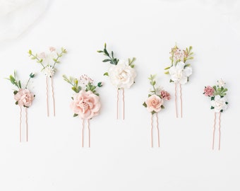 Hair pins Set of 7, Bobby pins for the Bride, Hair pins with ivory and blush roses, peonies, dried baby's breath, eucalyp. Wedding Headpiece