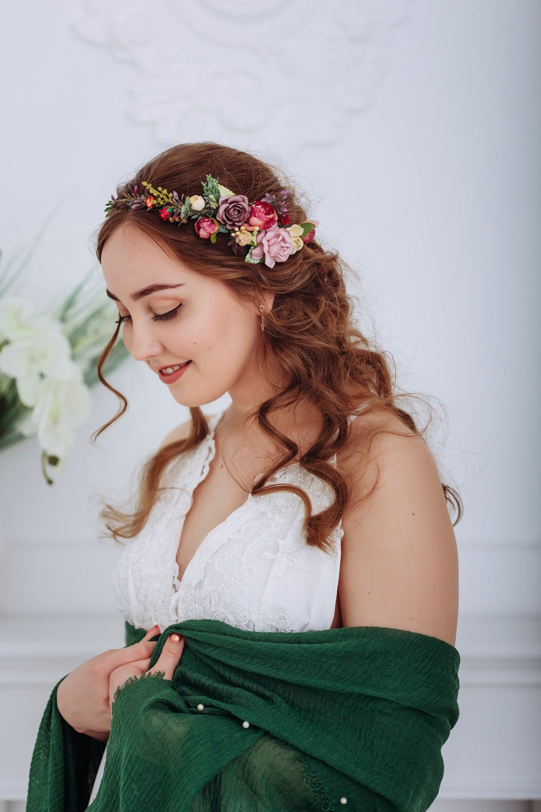 Vintage floral flower headpiece halo piece union made Red Rose Halo Crown – Handmade Floral Headpiece With Golden  main image 3