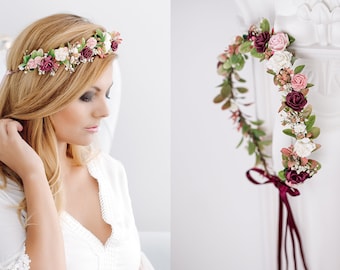 Mariage de couronne de fleur de Bourgogne, casque de mariée, diadème de couronne de cheveux, fleurs de cheveux de mariée, bandeau d'accessoires de cheveux de mariage, souffle de bébé séché