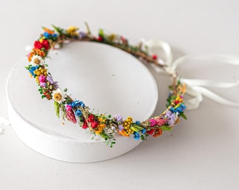 Colorful flower crown with dried flowers. Bridal flower hair wreath with daisies. Fairy crown, wedding headband. Meadow headpiece