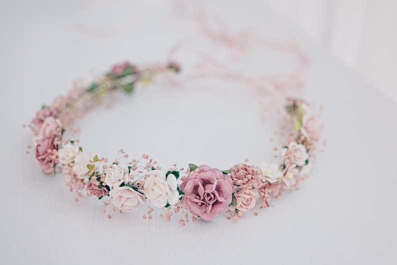 Aliento del bebé de la corona de flores, tocado nupcial, corona de pelo, corona de hadas, diadema de accesorios para el cabello de la boda en rosa polvoriento, malva, rosa, rubor imagen 1