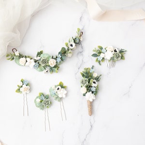 Bridal hair comb roses, forget-me-not flowers, anemones, eucalyptus leaves. Boho Rustic wedding headpiece. Bridesmaid hair flowers image 3