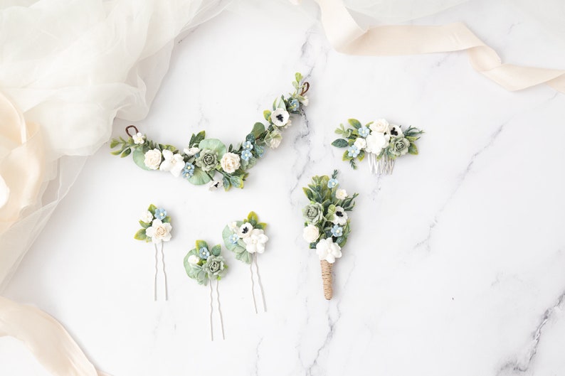 Bridal hair comb roses, forget-me-not flowers, anemones, eucalyptus leaves. Boho Rustic wedding headpiece. Bridesmaid hair flowers image 3