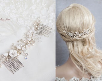 Bridal Headpiece Wedding Hair comb with Pearls & Rhinestones in Ivory, Silver Wired Crystals Wedding Headpiece Floral Headpiece Bridal Comb