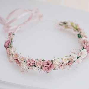 Aliento del bebé de la corona de flores, tocado nupcial, corona de pelo, corona de hadas, diadema de accesorios para el cabello de la boda en rosa polvoriento, malva, rosa, rubor imagen 3