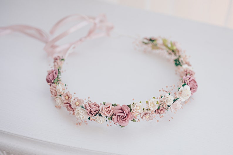 Aliento del bebé de la corona de flores, tocado nupcial, corona de pelo, corona de hadas, diadema de accesorios para el cabello de la boda en rosa polvoriento, malva, rosa, rubor imagen 3