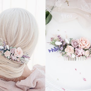 Bridal Hair Comb with Flowers, Eucalyptus and Ruscus, Boho Wedding Headpiece Bridesmaid Hair Flowers with Roses and lavender - blush, lilac