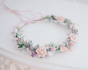 Hochzeit Blumenkranz Braut Haarschmuck Haarkranz mit Blumen, Schleierkraut, Eukalyptus. Oktoberfest Haarranke, Boho Rustik Haarblüten