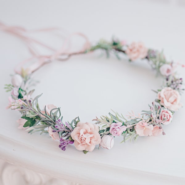 Bridal Flower Crown - light pink, lilac, ivory, blush. Wedding Headpiece Boho Rustic Hair Wreath with greenaries, roses, eucalyptus leaves