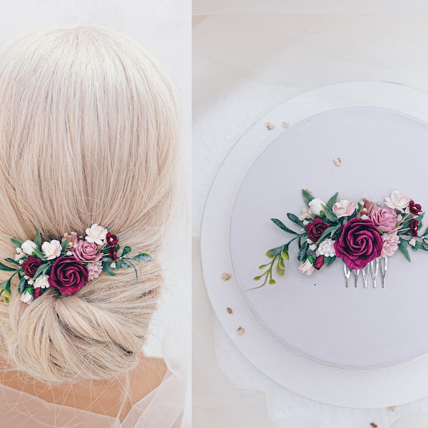 Bridal hair comb with red burgundy flowers and eucalyptus leaves, Boho wedding headpiece Bridesmaid hair flowers, flower girl hair accessory