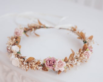 Bridal Flower Crown dusty pink and blush flowers Baby's breath, eucalyptus leaves. Wedding Headpiece Boho Rustic Hair Wreath
