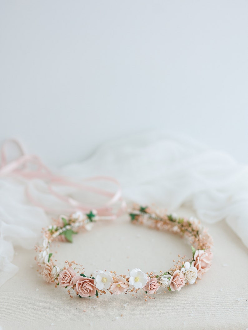 Dried flower crown with baby's breath and dusty rose flowers. Bridal headpiece, flower hair wreath, fairy crown, blush pink wedding headband image 6