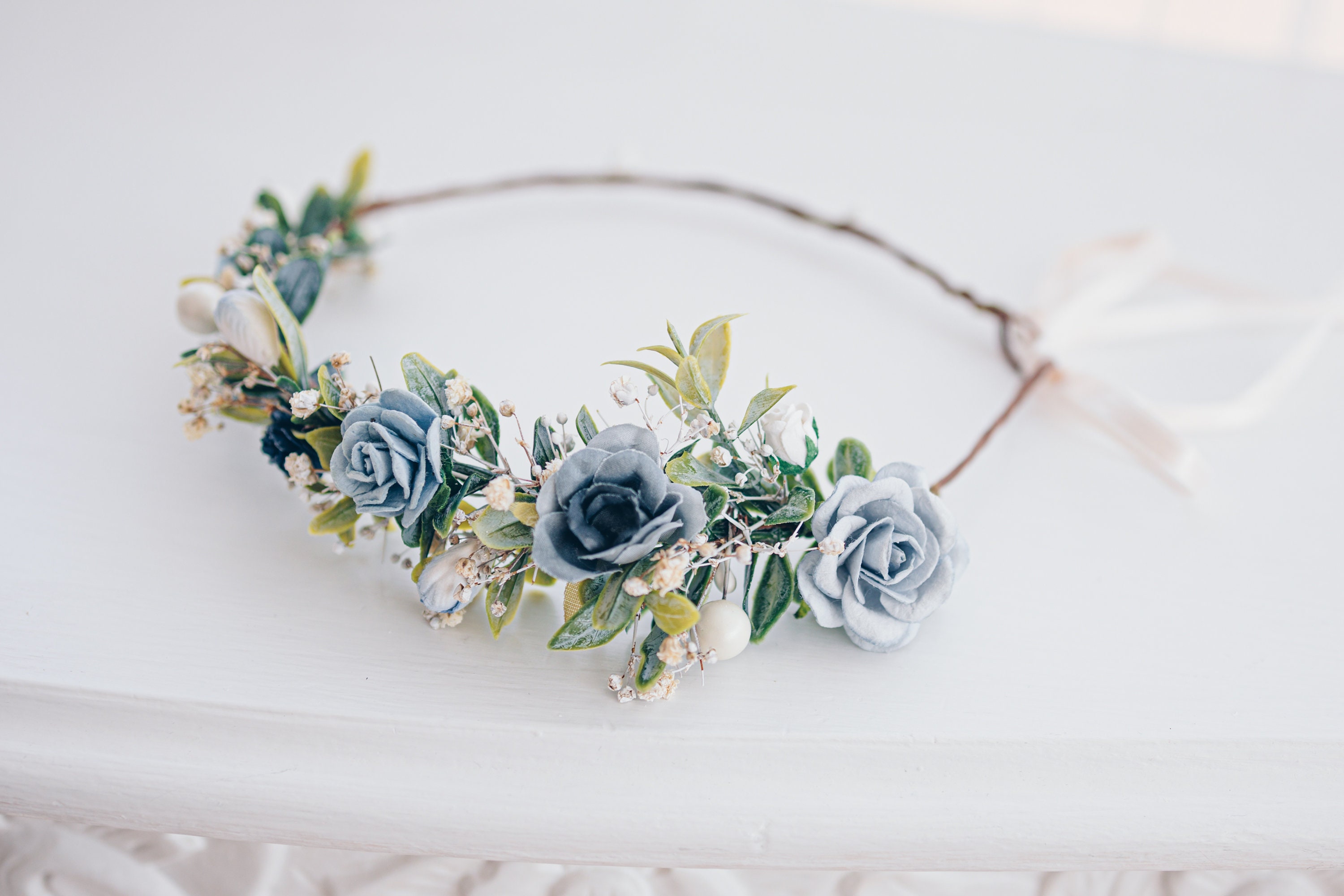 Hair Wreath Accessories Botanical French Blue Flower Rose Embellished Headband Dusty Blue & Pink Flower Crown- Bridal Flower Crown- Dusty  main image 4