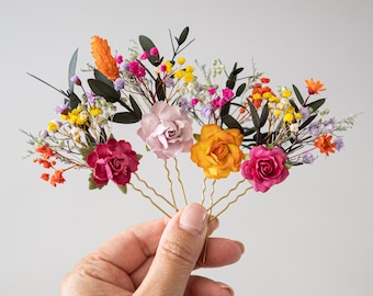 colorful hair pins with dried flowers, eucalyptus. Rustic wedding headpiece, bobby pins with handmade flowers in pink, orange and yellow