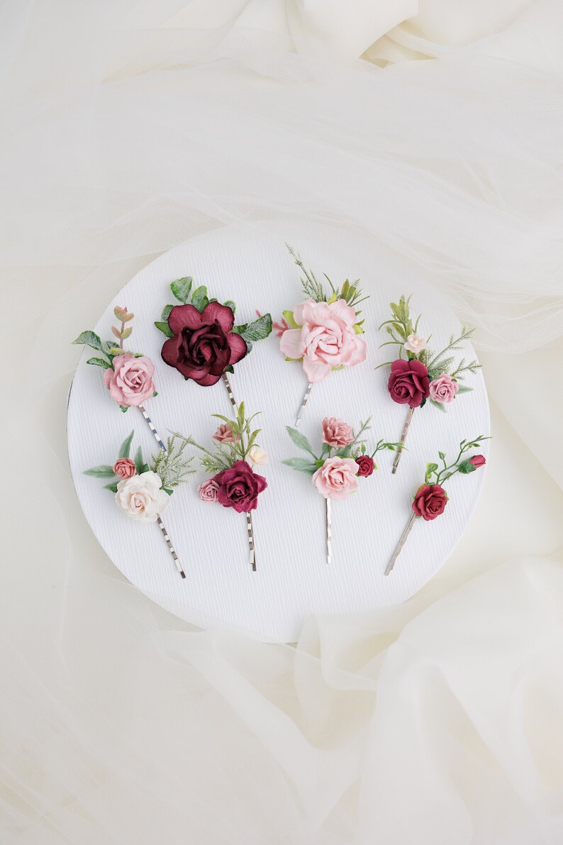 Boho bruidshaarspelden met eucalyptus. Bloemen haarspelden. Bruiloftshaarbloemen in stoffig roze, ivoor, bordeaux, roze. Bruiloft hoofddeksel Set x 8 hair pins