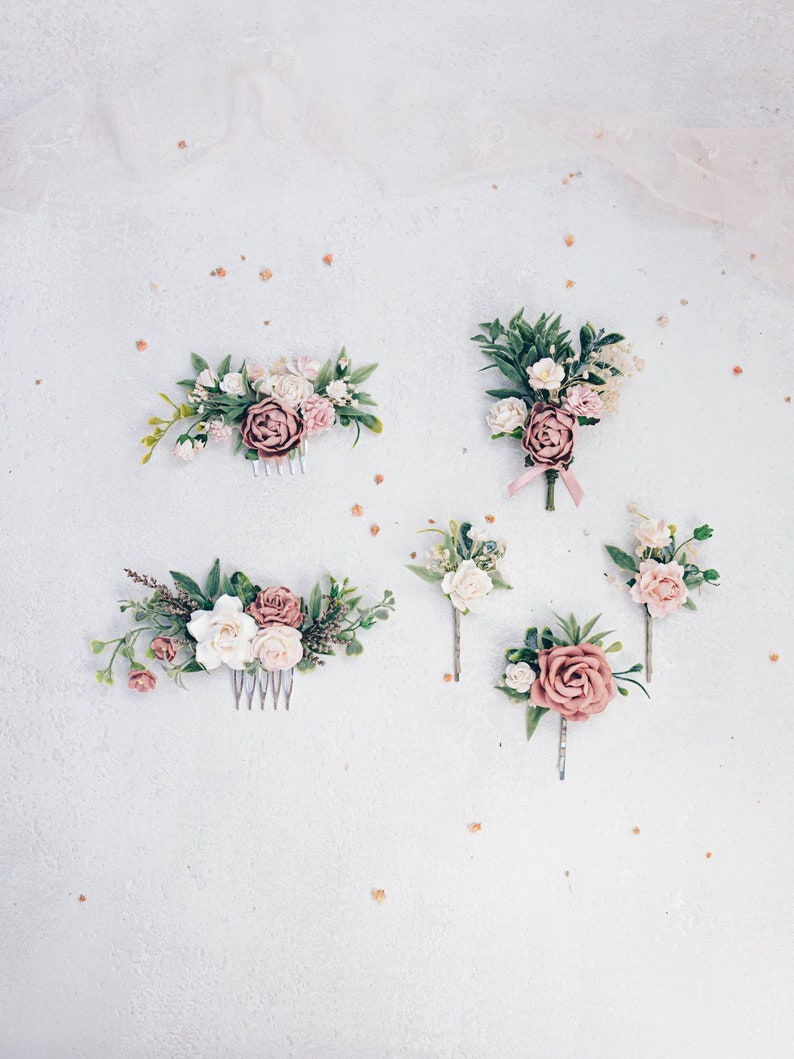 Hochzeit Accessoires in altrosa und mauve, Braut Haarschmuck, Haarkamm, Braütigam Boutonniere mit Rosen, Trocken Blumen, Eukalyptus Bild 1