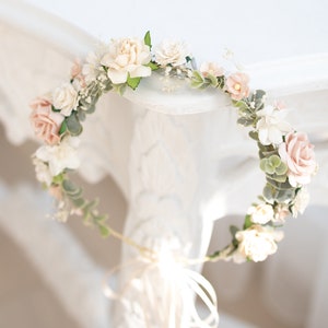 Bridal Flower Crown light pink, champagne, ivory, blush. Wedding Headpiece Boho Rustic Hair Wreath with Baby's breath, eucalyptus leaves image 3