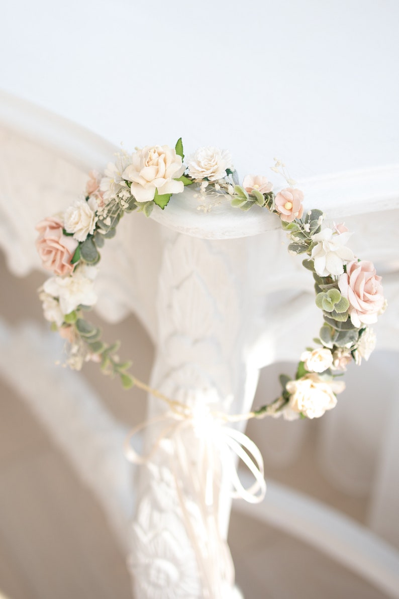 Bridal Flower Crown light pink, champagne, ivory, blush. Wedding Headpiece Boho Rustic Hair Wreath with Baby's breath, eucalyptus leaves image 3