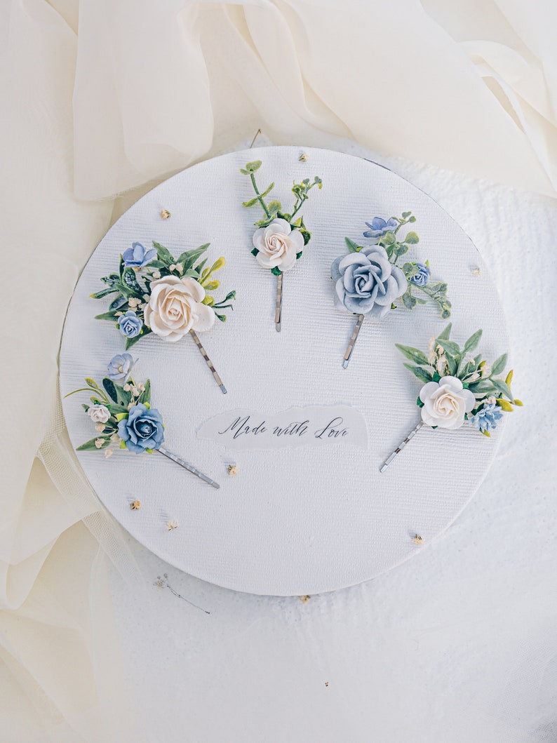 Blue bridal headpiece, hair comb, bobby pins or boutonniere. Roses, butterfly, eucalyptus and dried gypsophila. Boho wedding accessories image 5