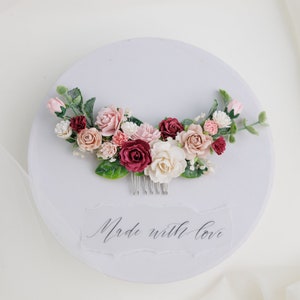 Bridal hair comb with burgundy, dusty pink and ivory flowers. Boho and rustic wedding headpiece. Vintage inspired hair piece, hair vine