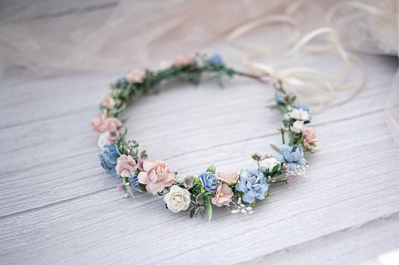 Bridal Flower Crown, rustic and boho fairy headpiece, eucalyptus, gypsophila hair wreath, Hair Flowers, Photo Shooting headband, dusty blue image 1