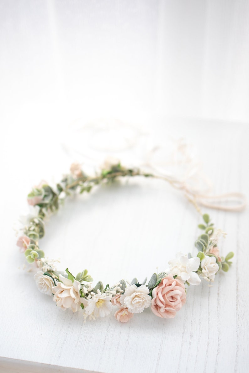 Bridal Flower Crown light pink, champagne, ivory, blush. Wedding Headpiece Boho Rustic Hair Wreath with Baby's breath, eucalyptus leaves image 1