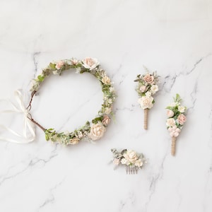 Boutonniere/ Anstecker, Hochzeit Ansteckblume Bräutigam mit Eukalyptus Blättern und Blüten in creme, champagner Bild 5