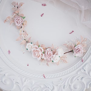 Bridal Hair Vine with blush roses, dried baby's breath,ruskus leaves. Boho Rustic wedding Headpiece pink and Ivory. Vintage inspired crown image 6