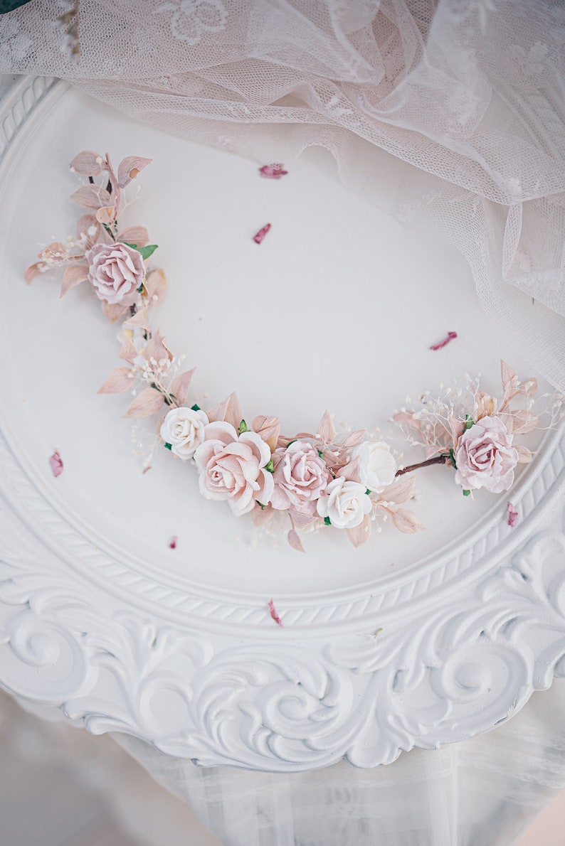 Bridal Hair Vine with blush roses, dried baby's breath,ruskus leaves. Boho Rustic wedding Headpiece pink and Ivory. Vintage inspired crown image 6