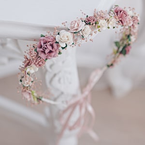 Aliento del bebé de la corona de flores, tocado nupcial, corona de pelo, corona de hadas, diadema de accesorios para el cabello de la boda en rosa polvoriento, malva, rosa, rubor imagen 8