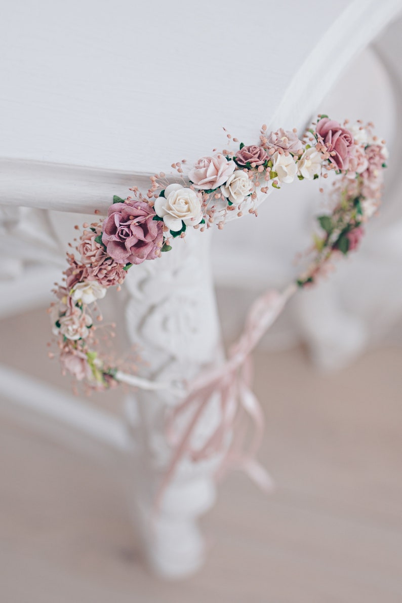 Flower Crown Baby's Breath, Bridal headpiece, Hair Wreath, Fairy Crown,Wedding Hair Accessories Headband in dusty pink, mauve, rose, blush zdjęcie 8