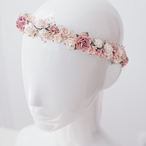 Corona di fiori Respiro del bambino, copricapo da sposa, ghirlanda di capelli, corona di fata, accessori per capelli da sposa Fascia in rosa polveroso, malva, rosa, cipria Size: 40cm ( Kid )